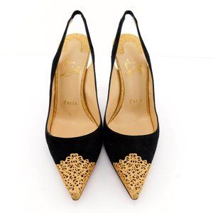 CHRISTIAN LOUBOUTIN Black Suede & Gold Glitter Sling Pumps 36.5
